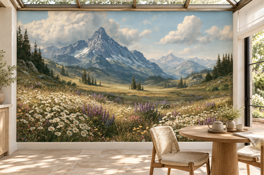 Alpine wildflower meadow and snowy mountain mural on the wall of a sunlit glass-roofed conservatory behind a round wood table, rattan chairs and a tea set