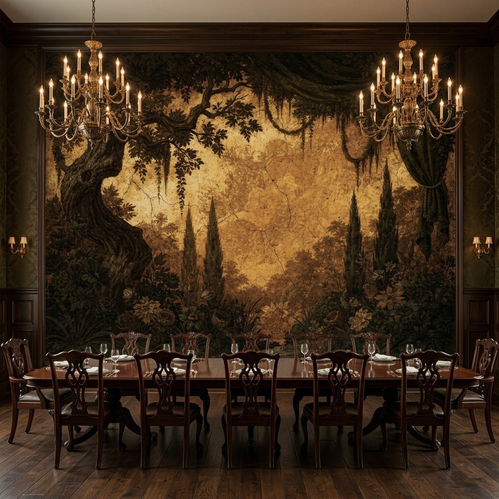 Vintage Italian Garden Fresco Wallpaper Moody Sepia Antique Landscape – lifestyle view, Golden Era Walls