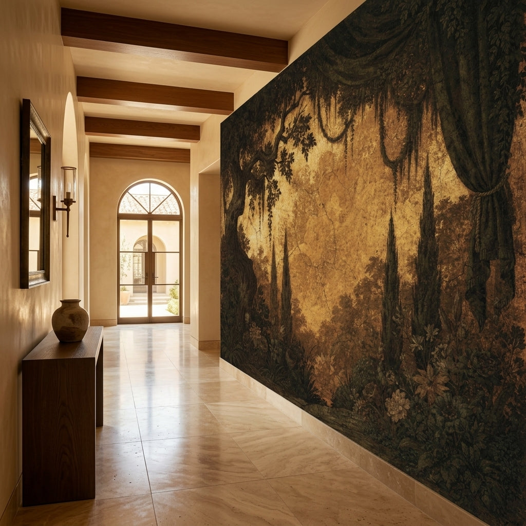Vintage Italian Garden Fresco Wallpaper Moody Sepia Antique Landscape – scale reference, Golden Era Walls
