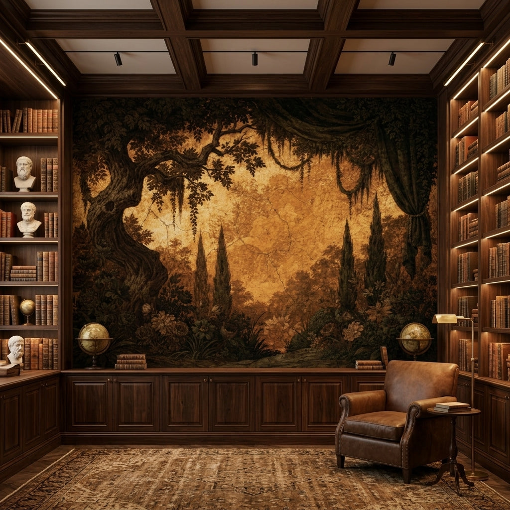 Vintage Italian Garden Fresco Wallpaper Moody Sepia Antique Landscape – room setting, Golden Era Walls