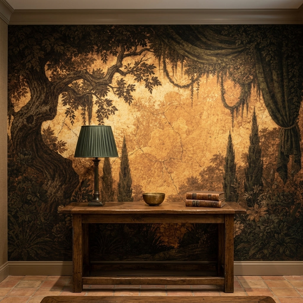 Vintage Italian Garden Fresco Wallpaper Moody Sepia Antique Landscape – alternate view, Golden Era Walls