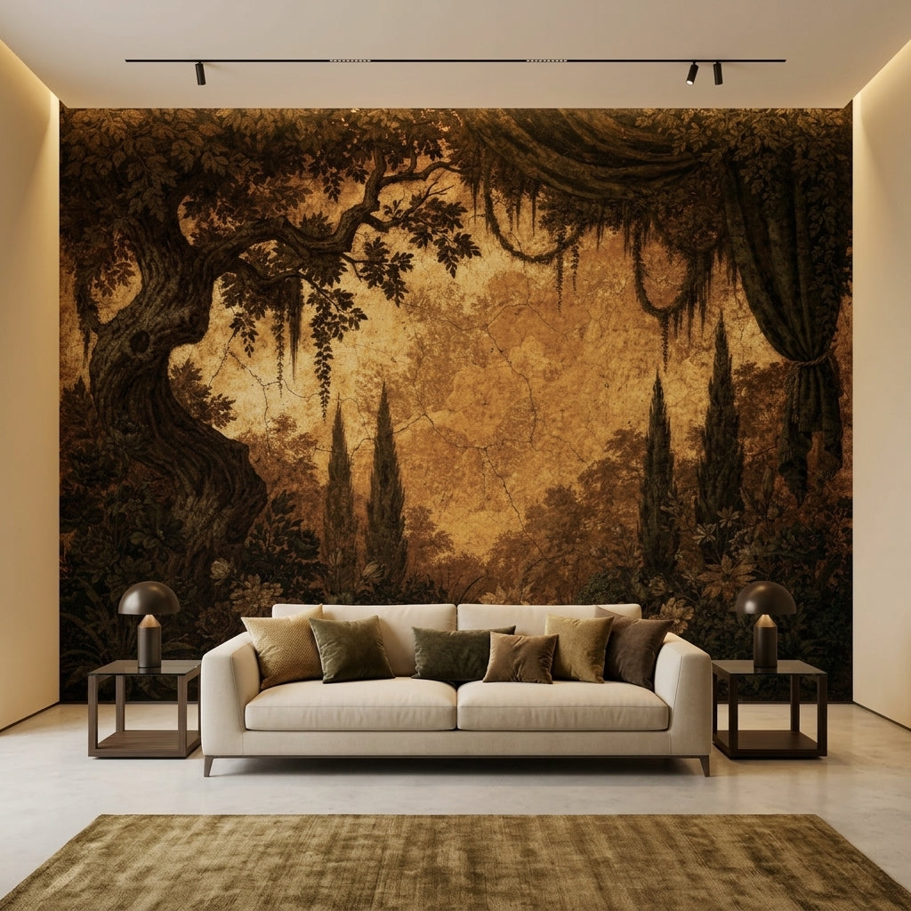 Vintage Italian Garden Fresco Wallpaper Moody Sepia Antique Landscape – peel and stick wallpaper mural, Golden Era Walls