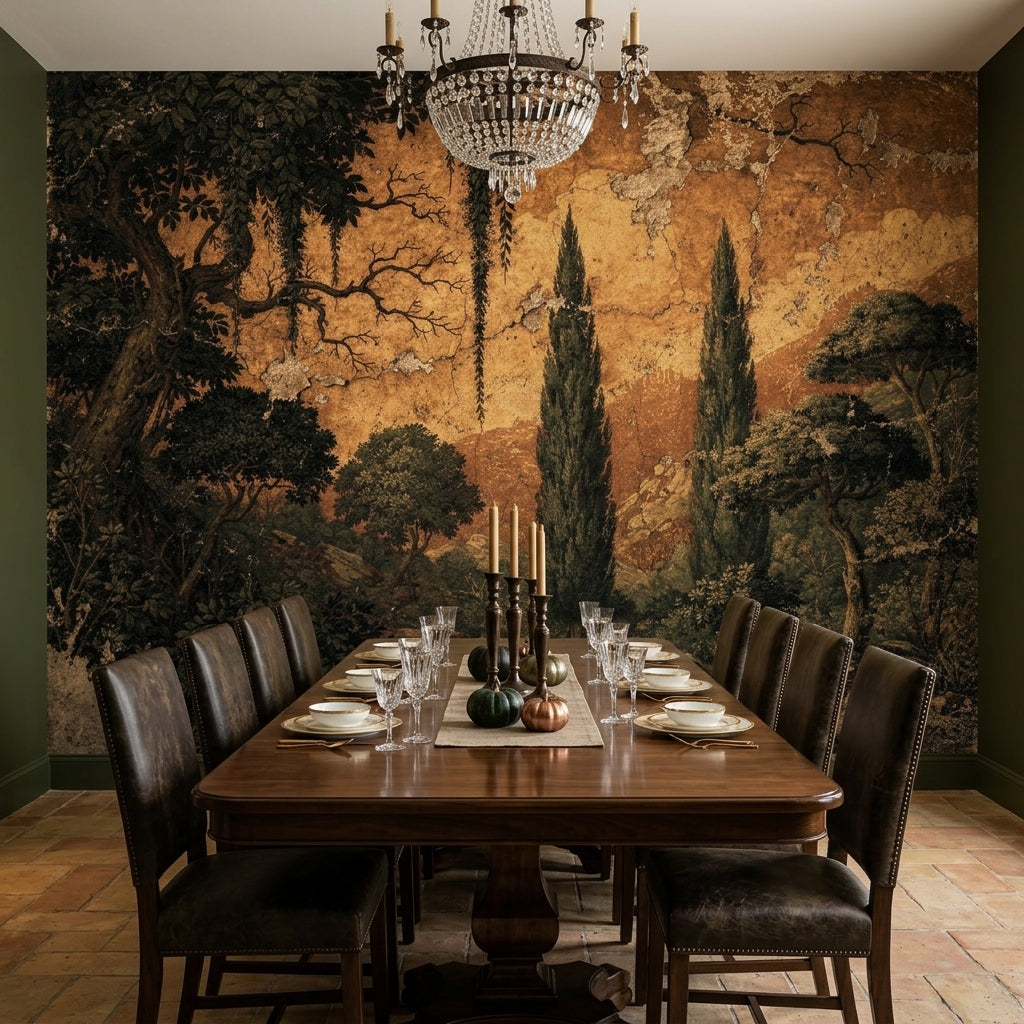 Vintage Italian Fresco Wallpaper Moody Dark Green Cypress Antique Tuscan – peel and stick wallpaper mural, Golden Era Walls