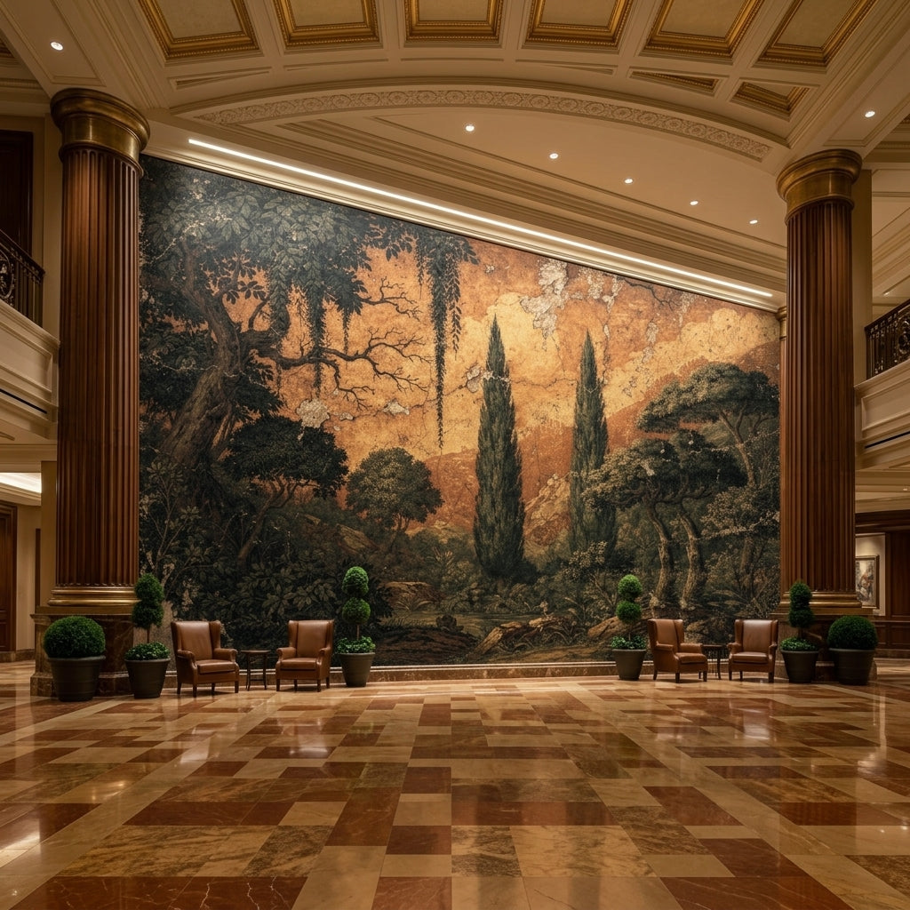 Vintage Italian Fresco Wallpaper Moody Dark Green Cypress Antique Tuscan – lifestyle view, Golden Era Walls