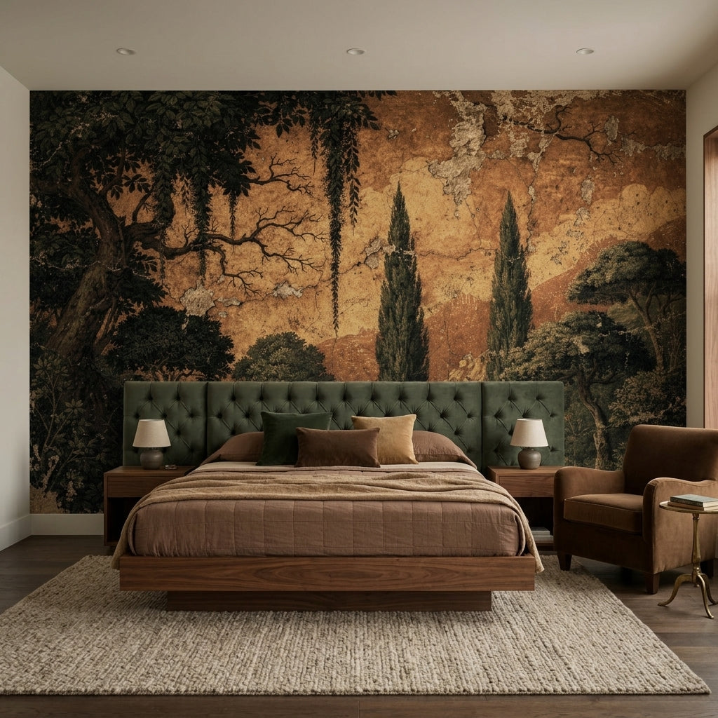 Vintage Italian Fresco Wallpaper Moody Dark Green Cypress Antique Tuscan – detail view, Golden Era Walls