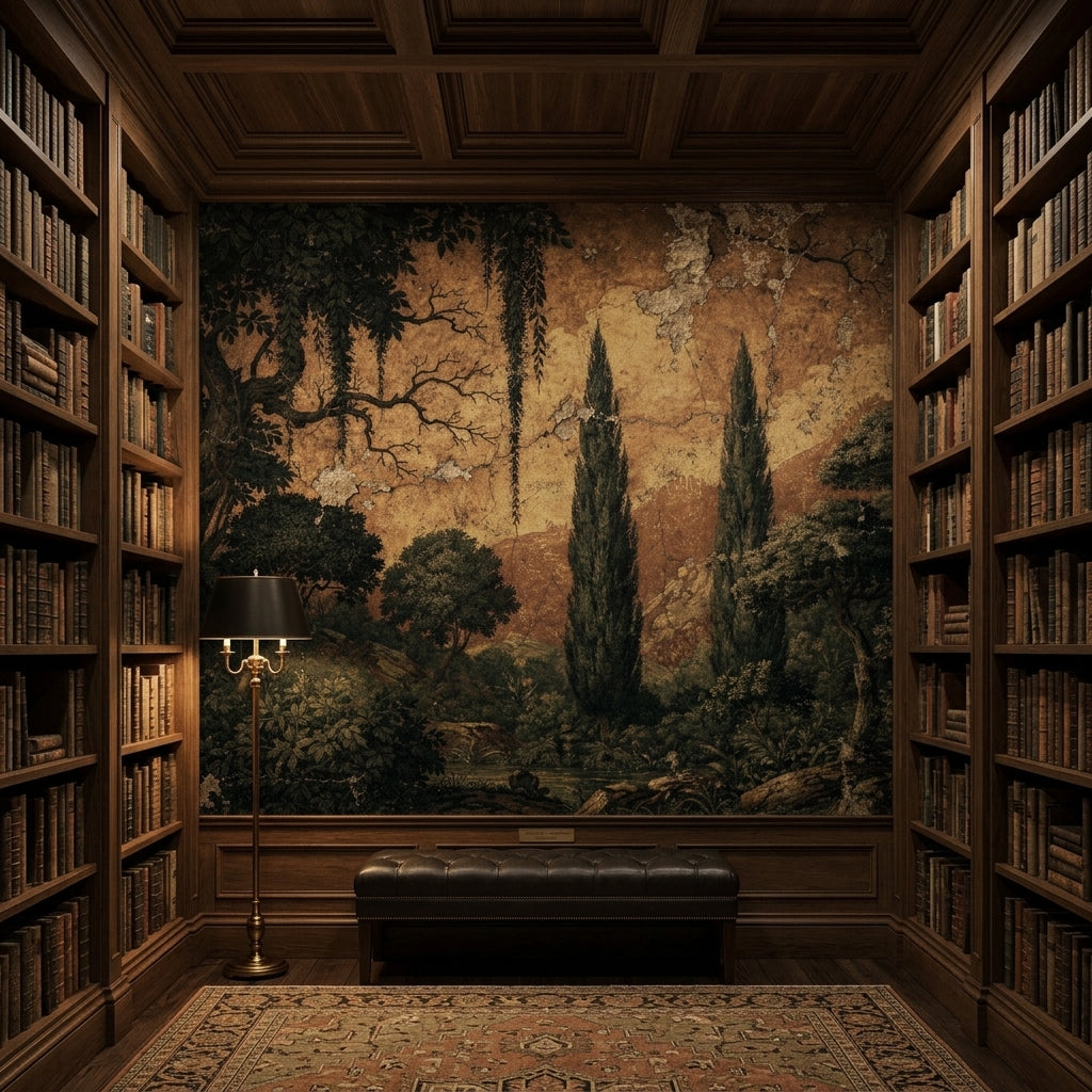 Vintage Italian Fresco Wallpaper Moody Dark Green Cypress Antique Tuscan – room setting, Golden Era Walls