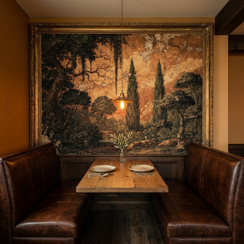 Vintage Italian Fresco Wallpaper Moody Dark Green Cypress Antique Tuscan – scale reference, Golden Era Walls
