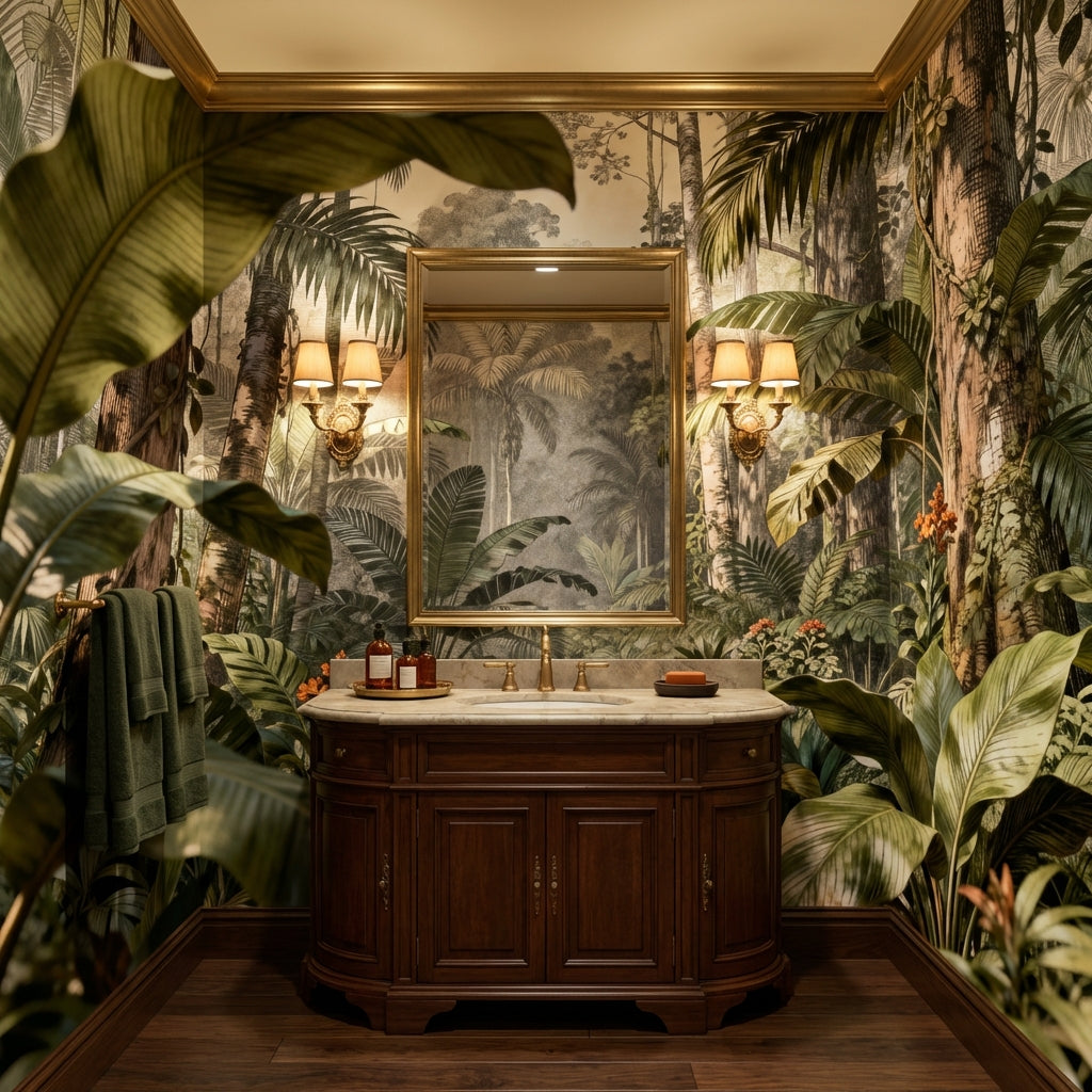 Antique Etched Jungle Landscape Mural Sepia Botanical Engraving Wallpaper – peel and stick wallpaper mural, Golden Era Walls