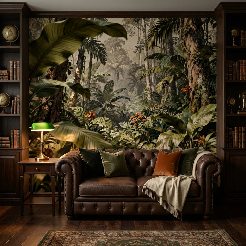 Antique Etched Jungle Landscape Mural Sepia Botanical Engraving Wallpaper – room setting, Golden Era Walls