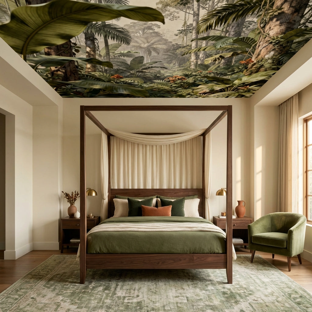 Antique Etched Jungle Landscape Mural Sepia Botanical Engraving Wallpaper – lifestyle view, Golden Era Walls