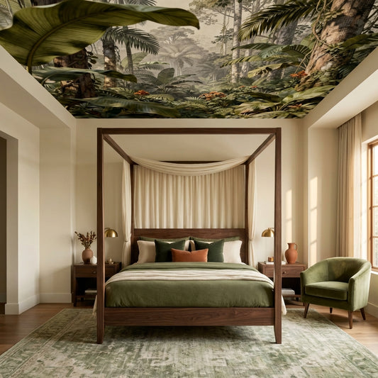 Antique Etched Jungle Landscape Mural Sepia Botanical Engraving Wallpaper – lifestyle view, Golden Era Walls