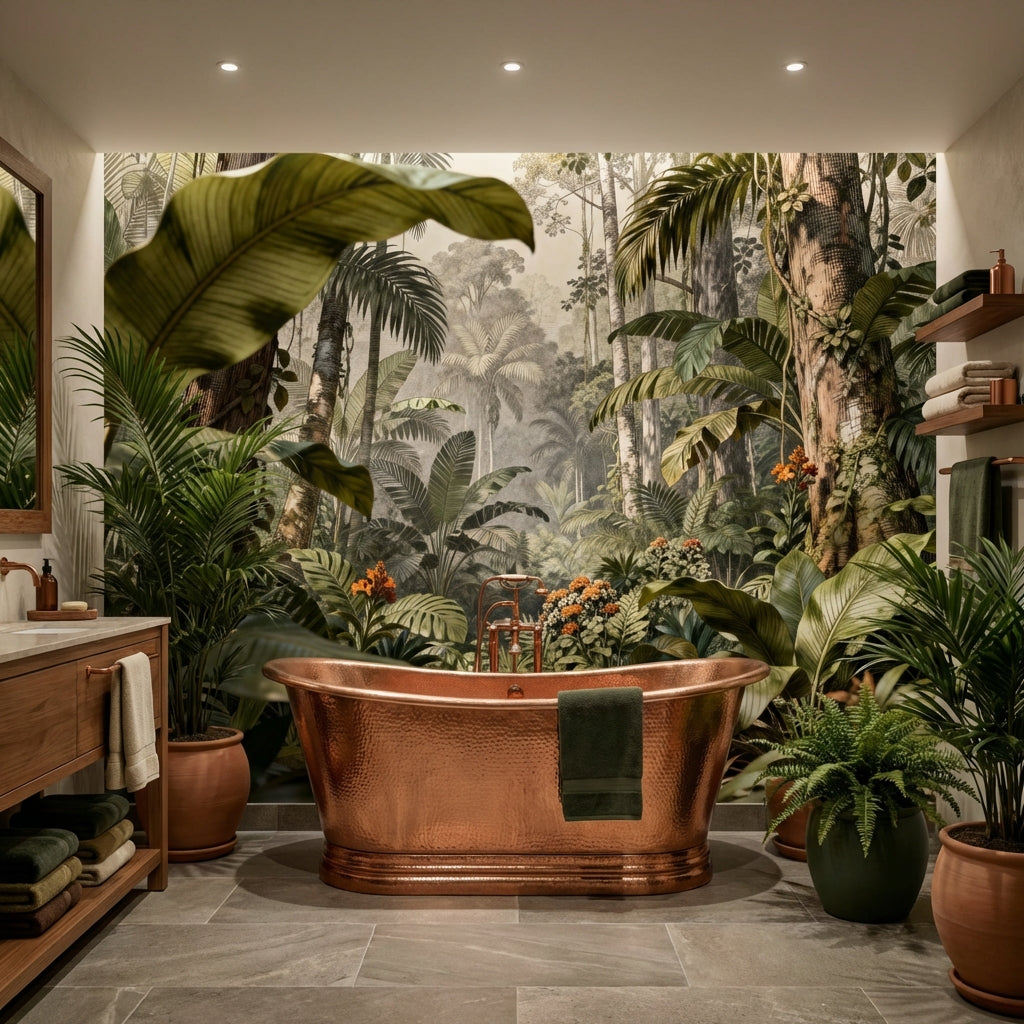 Antique Etched Jungle Landscape Mural Sepia Botanical Engraving Wallpaper – detail view, Golden Era Walls