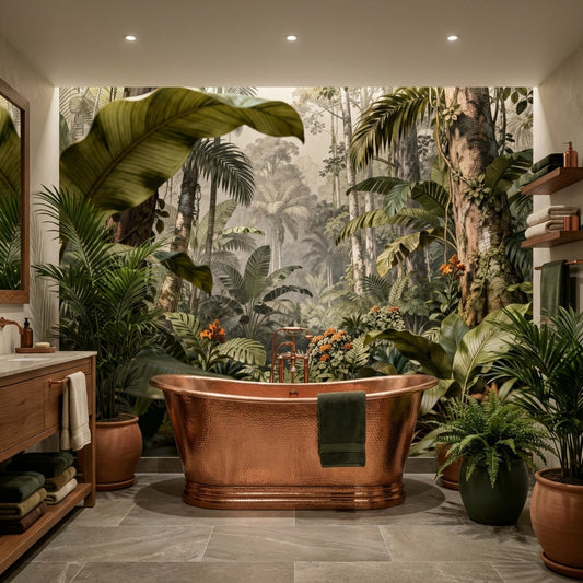 Antique Etched Jungle Landscape Mural Sepia Botanical Engraving Wallpaper – detail view, Golden Era Walls