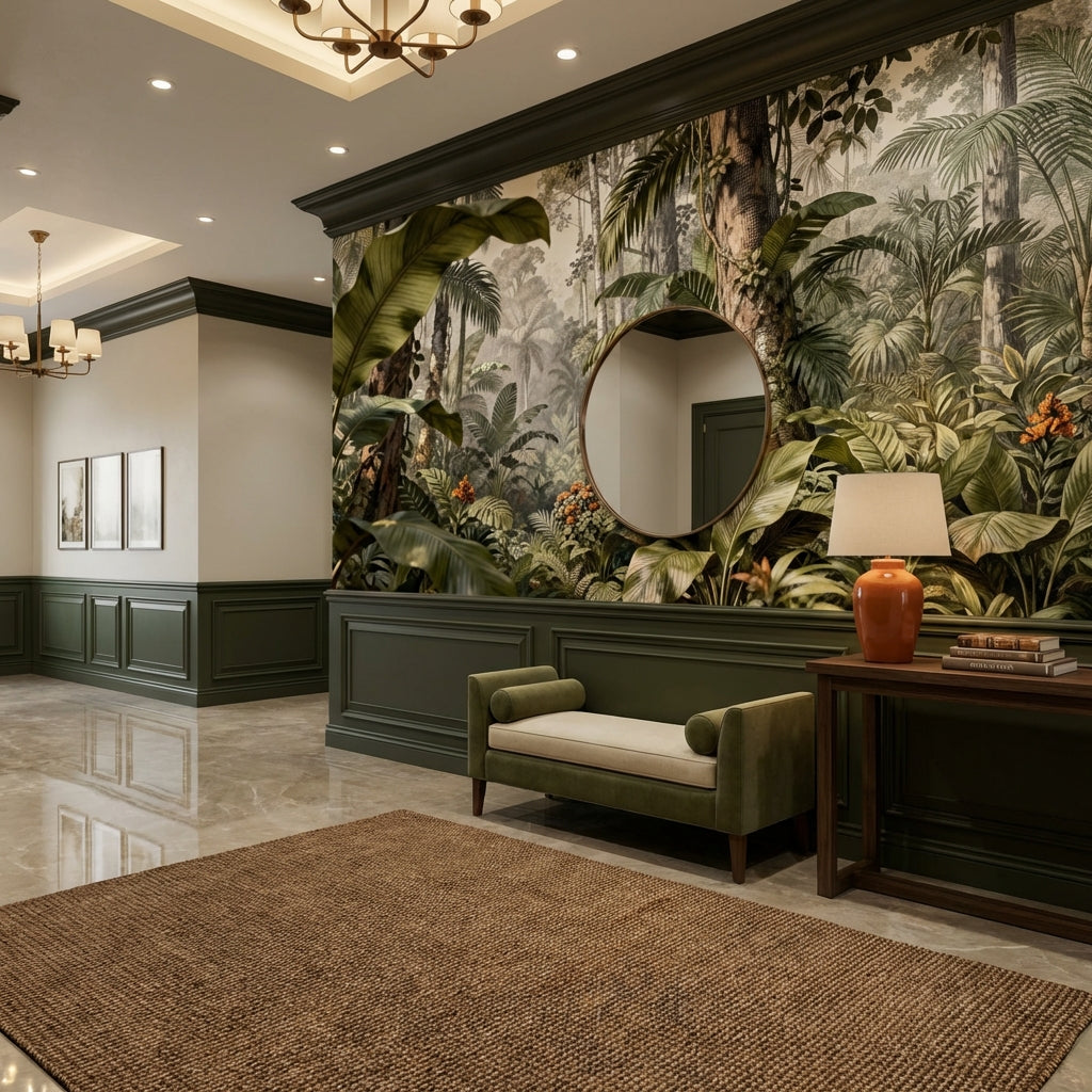 Antique Etched Jungle Landscape Mural Sepia Botanical Engraving Wallpaper – scale reference, Golden Era Walls