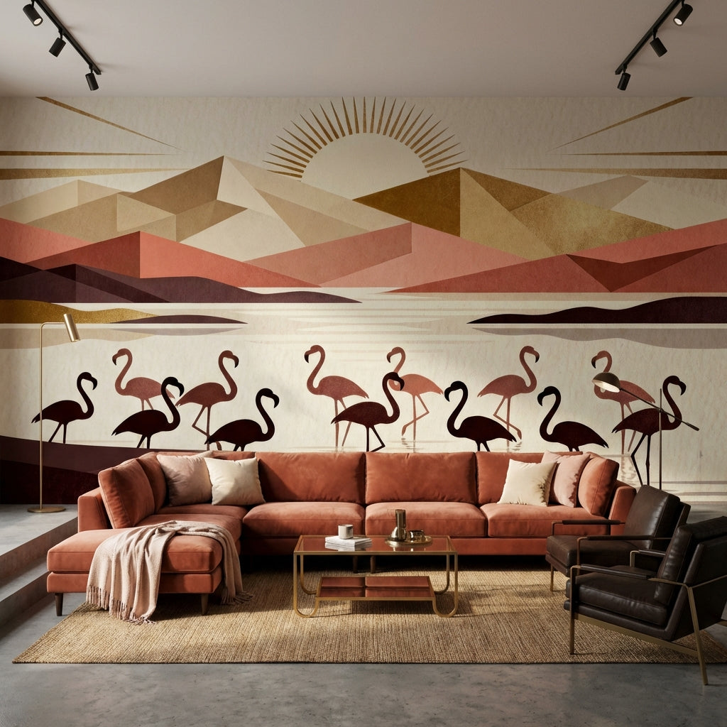 Art Deco Flamingo Mural Geometric Landscape Terracotta Gold Sunburst – peel and stick wallpaper mural, Golden Era Walls