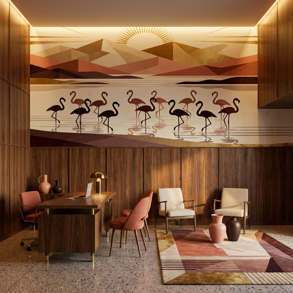 Art Deco Flamingo Mural Geometric Landscape Terracotta Gold Sunburst – room setting, Golden Era Walls