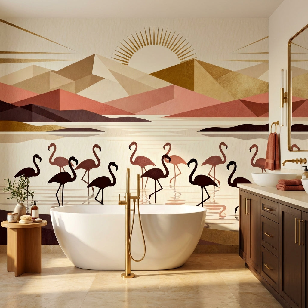 Art Deco Flamingo Mural Geometric Landscape Terracotta Gold Sunburst – lifestyle view, Golden Era Walls