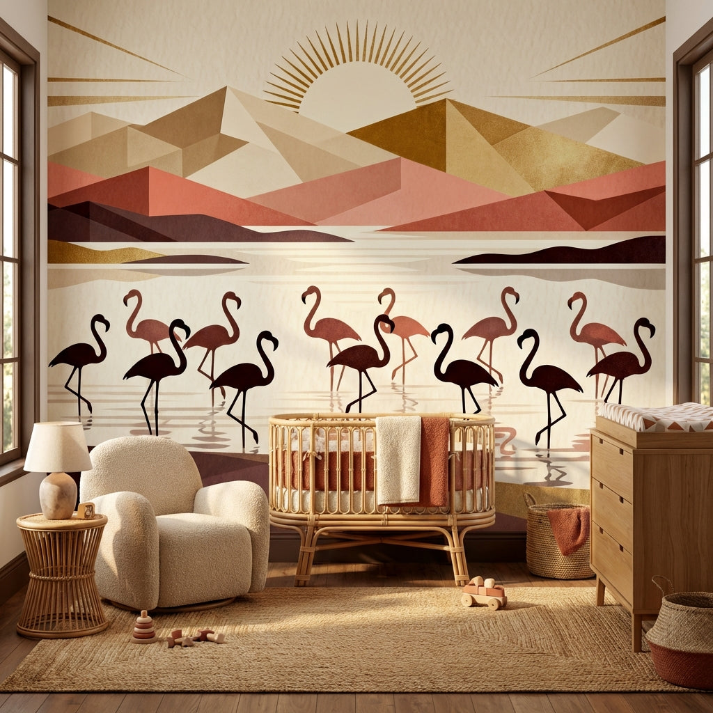 Art Deco Flamingo Mural Geometric Landscape Terracotta Gold Sunburst – detail view, Golden Era Walls
