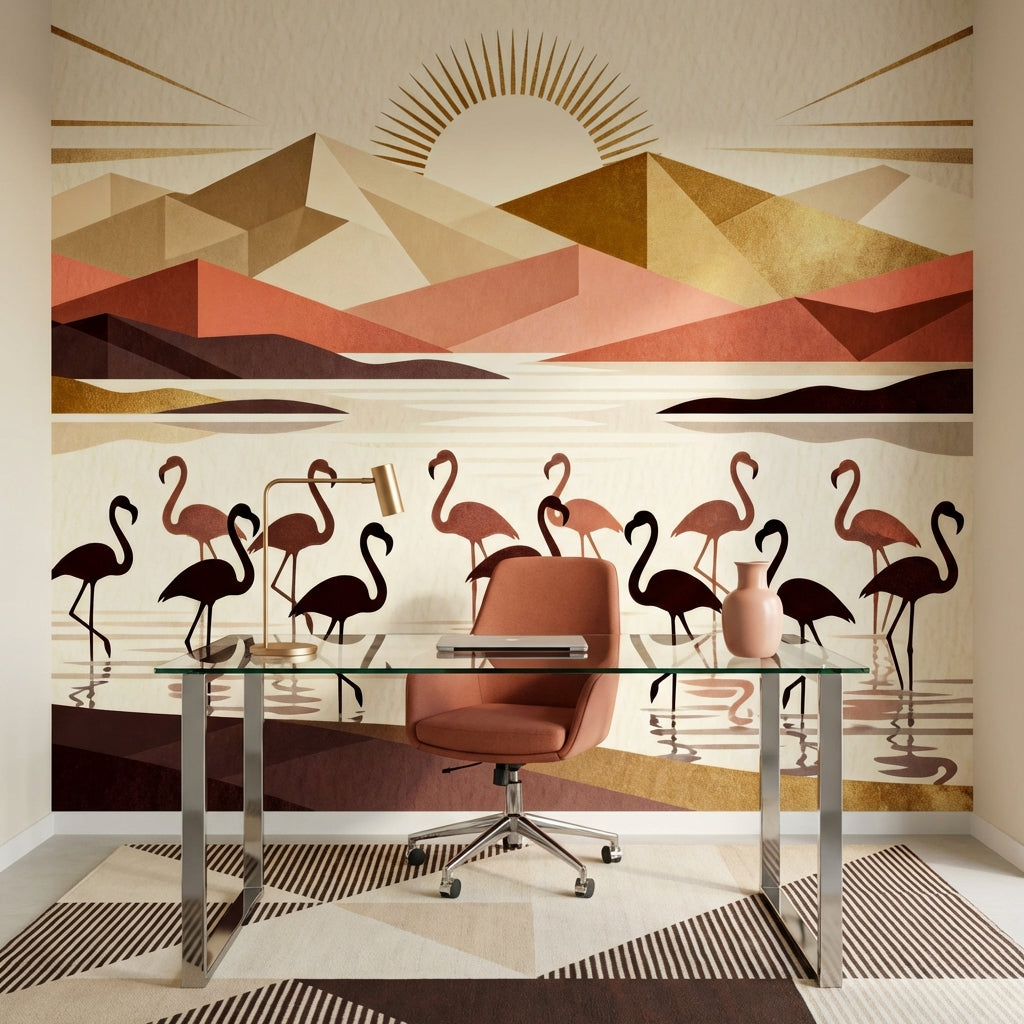 Art Deco Flamingo Mural Geometric Landscape Terracotta Gold Sunburst – scale reference, Golden Era Walls