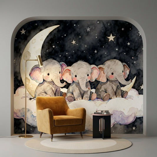 Celestial Midnight Dream Three Watercolor Elephants On Moon – room setting, Golden Era Walls