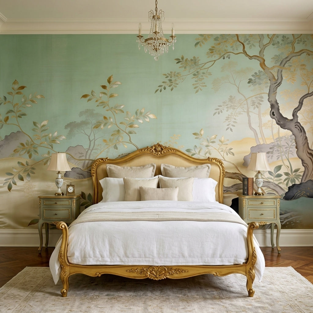 Sage Green Chinoiserie Wallpaper Mural Metallic Gold Trees – peel and stick wallpaper mural, Golden Era Walls
