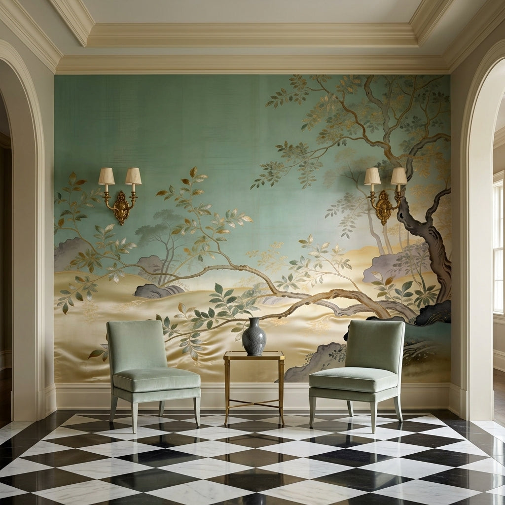 Sage Green Chinoiserie Wallpaper Mural Metallic Gold Trees – room setting, Golden Era Walls