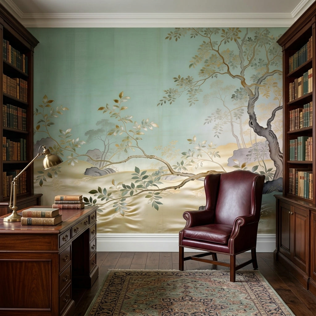Sage Green Chinoiserie Wallpaper Mural Metallic Gold Trees – lifestyle view, Golden Era Walls