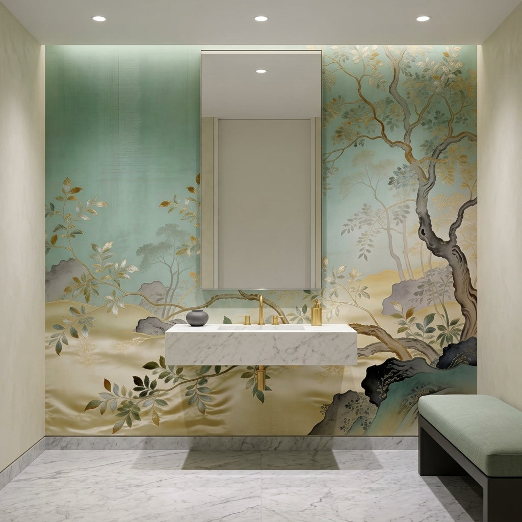 Sage Green Chinoiserie Wallpaper Mural Metallic Gold Trees – detail view, Golden Era Walls