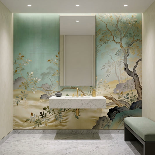 Sage Green Chinoiserie Wallpaper Mural Metallic Gold Trees – detail view, Golden Era Walls