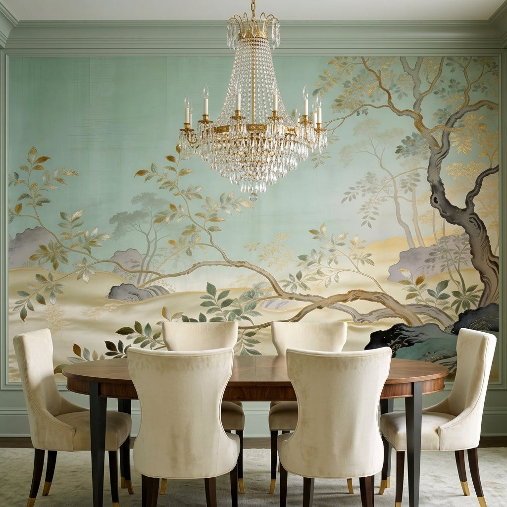 Sage Green Chinoiserie Wallpaper Mural Metallic Gold Trees – scale reference, Golden Era Walls