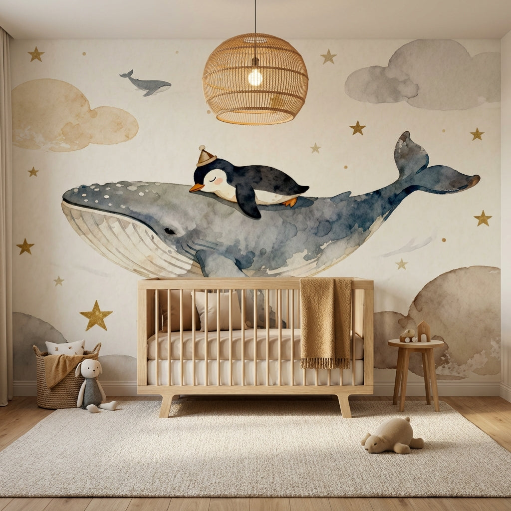 Celestial Whale And Penguin Watercolor Mural Dreamy Ocean Nursery – peel and stick wallpaper mural, Golden Era Walls