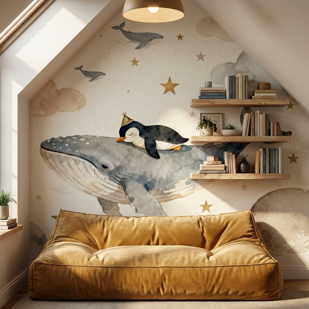 Celestial Whale And Penguin Watercolor Mural Dreamy Ocean Nursery – room setting, Golden Era Walls