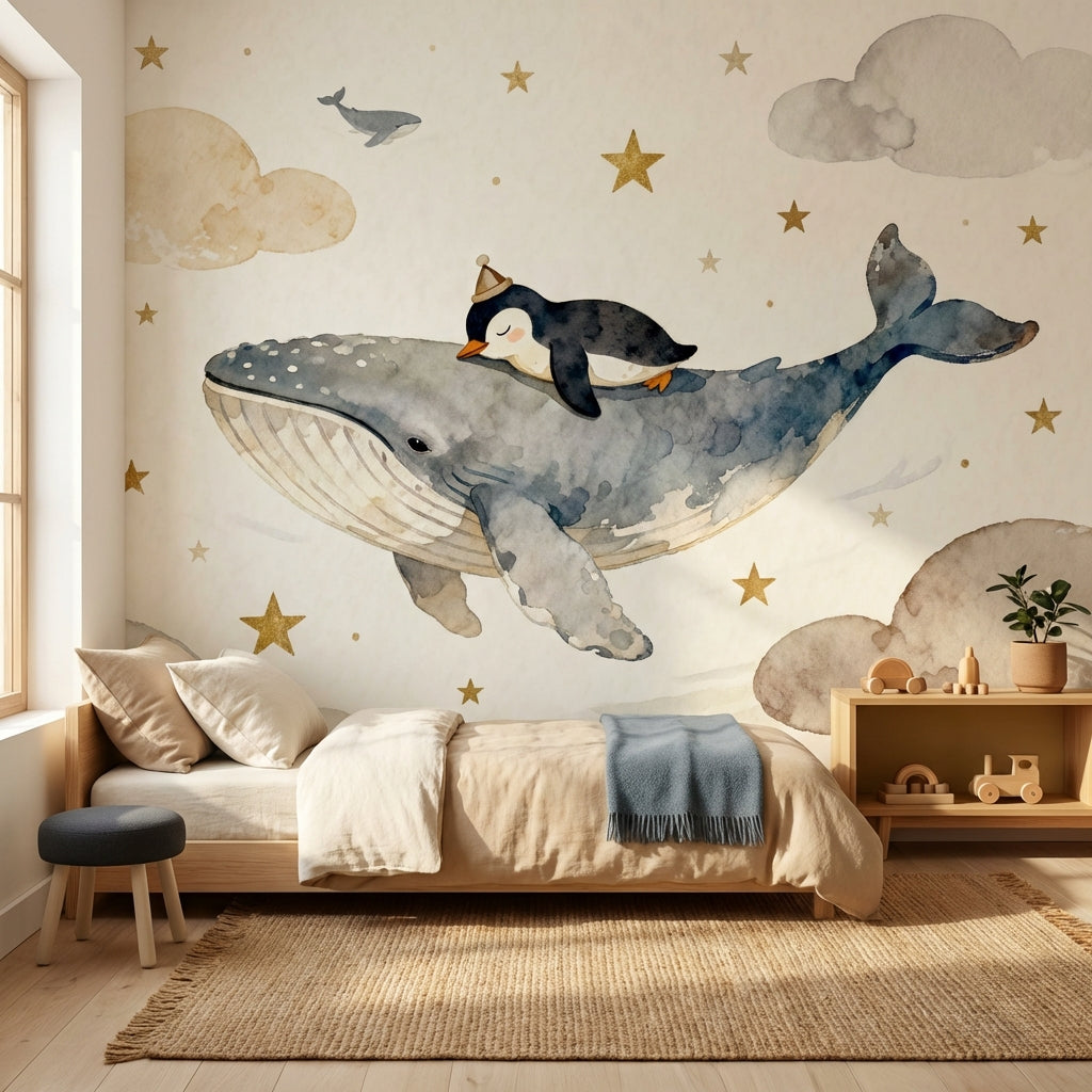 Celestial Whale And Penguin Watercolor Mural Dreamy Ocean Nursery – lifestyle view, Golden Era Walls