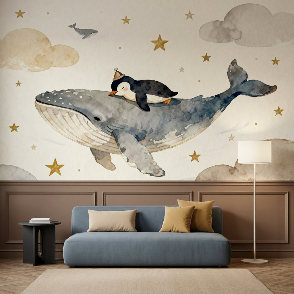 Celestial Whale And Penguin Watercolor Mural Dreamy Ocean Nursery – detail view, Golden Era Walls