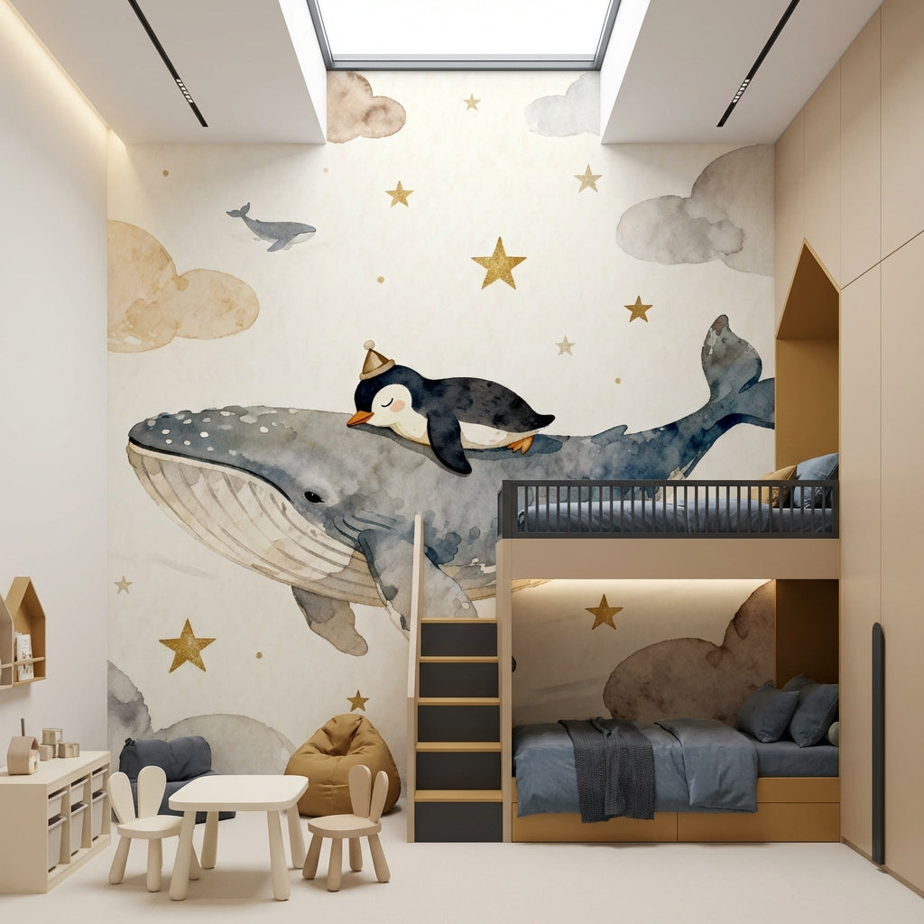 Celestial Whale And Penguin Watercolor Mural Dreamy Ocean Nursery – scale reference, Golden Era Walls