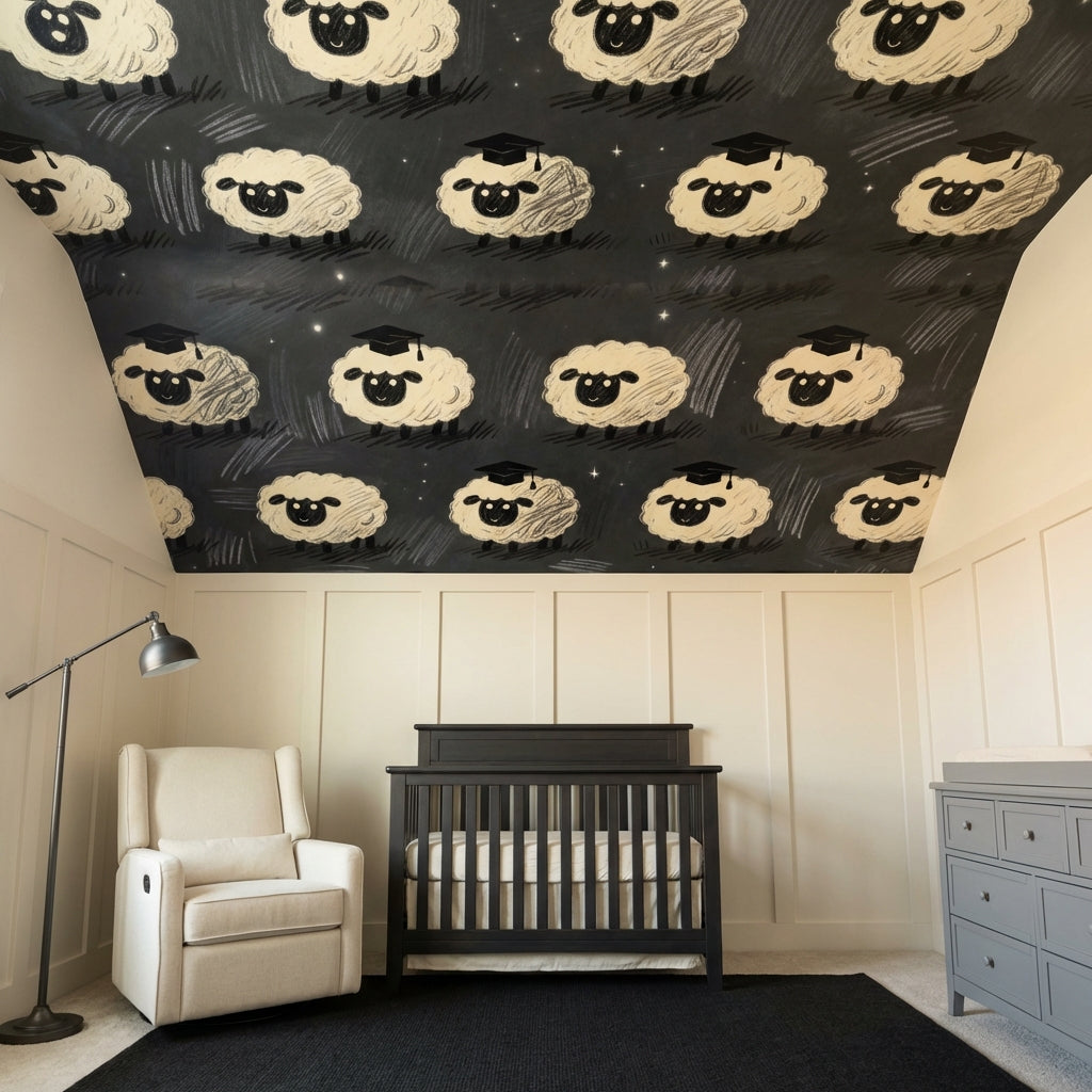 Dark Academia Sheep Graduate Wallpaper Chalkboard Style Whimsical Nursery Mural – peel and stick wallpaper mural, Golden Era Walls