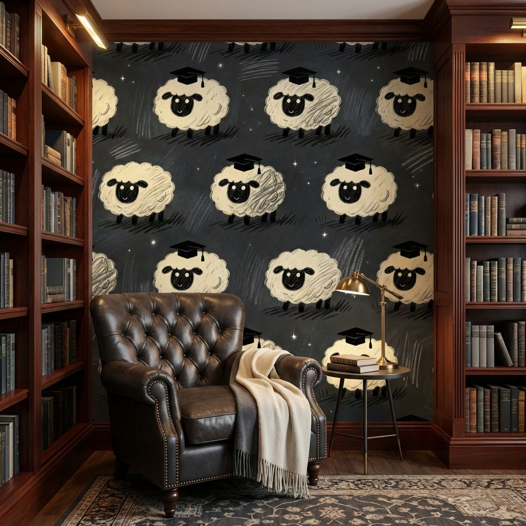 Dark Academia Sheep Graduate Wallpaper Chalkboard Style Whimsical Nursery Mural – room setting, Golden Era Walls