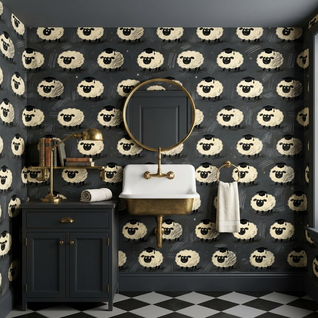 Dark Academia Sheep Graduate Wallpaper Chalkboard Style Whimsical Nursery Mural – detail view, Golden Era Walls