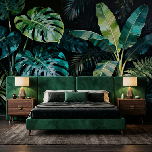 Dark Tropical Wallpaper Mural Emerald Monstera Oil Painting Moody Jungle – room setting, Golden Era Walls