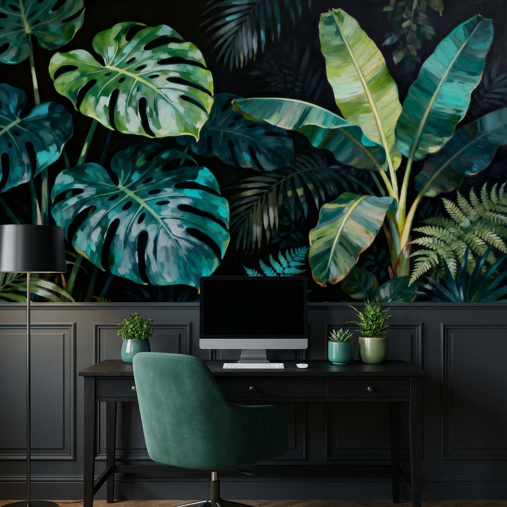 Dark Tropical Wallpaper Mural Emerald Monstera Oil Painting Moody Jungle – lifestyle view, Golden Era Walls