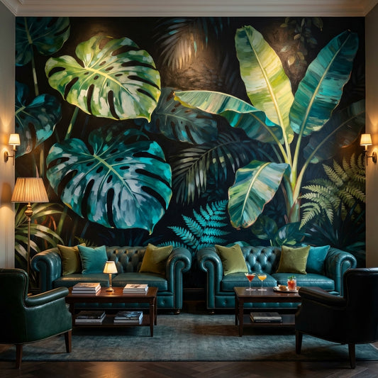 Dark Tropical Wallpaper Mural Emerald Monstera Oil Painting Moody Jungle – detail view, Golden Era Walls