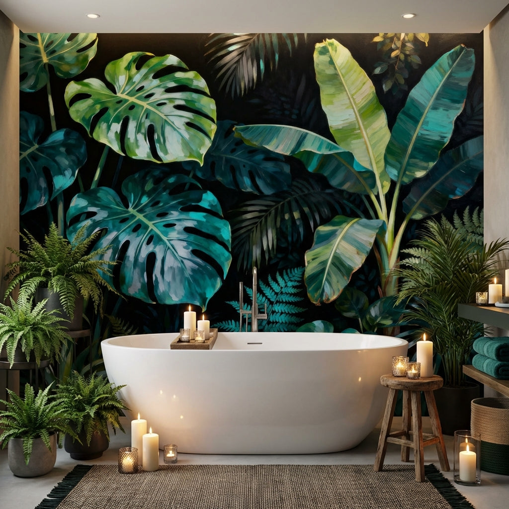 Dark Tropical Wallpaper Mural Emerald Monstera Oil Painting Moody Jungle – scale reference, Golden Era Walls