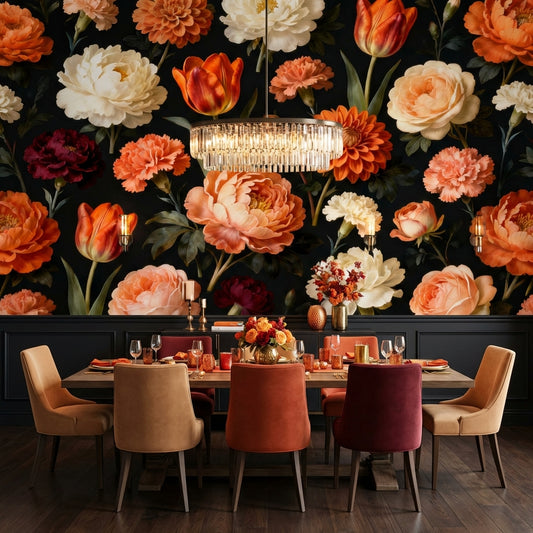 Dark Vintage Botanical Mural Dutch Master Peony and Tulip – lifestyle view, Golden Era Walls