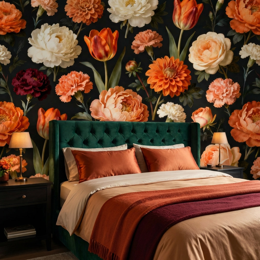 Dark Vintage Botanical Mural Dutch Master Peony and Tulip – detail view, Golden Era Walls