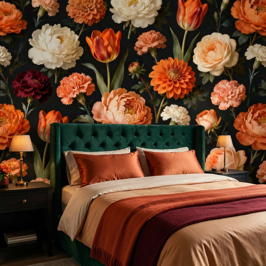 Dark Vintage Botanical Mural Dutch Master Peony and Tulip – detail view, Golden Era Walls