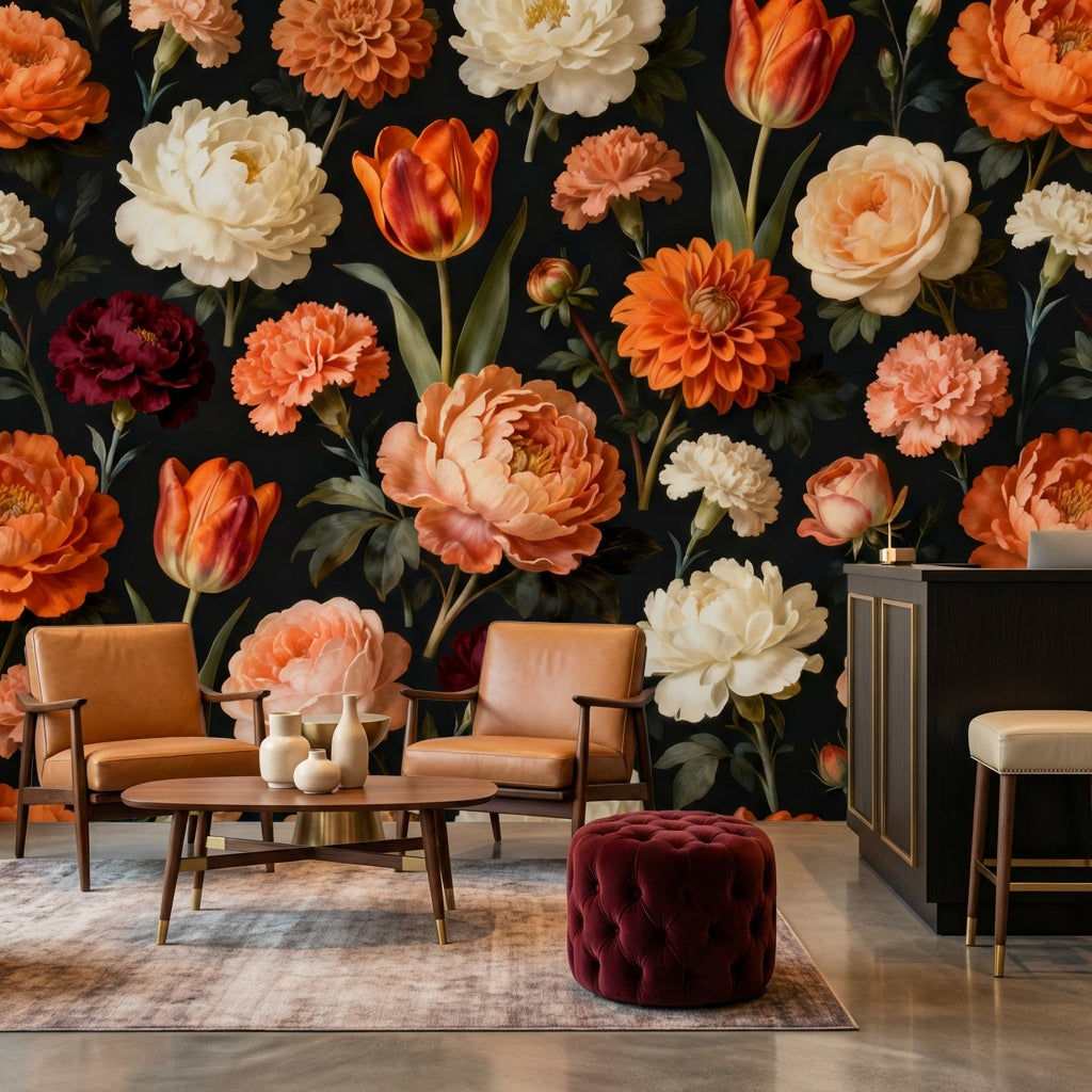 Dark Vintage Botanical Mural Dutch Master Peony and Tulip – scale reference, Golden Era Walls