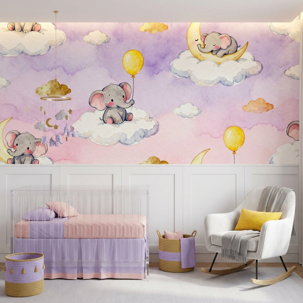 Dreamy Lavender and Blush Watercolor Elephant Nursery Mural – peel and stick wallpaper mural, Golden Era Walls