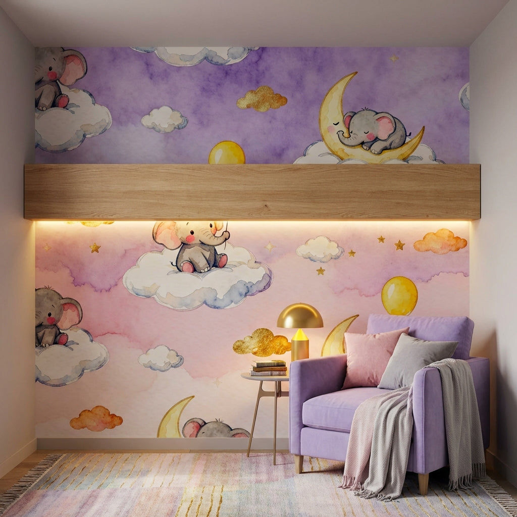 Dreamy Lavender and Blush Watercolor Elephant Nursery Mural – room setting, Golden Era Walls