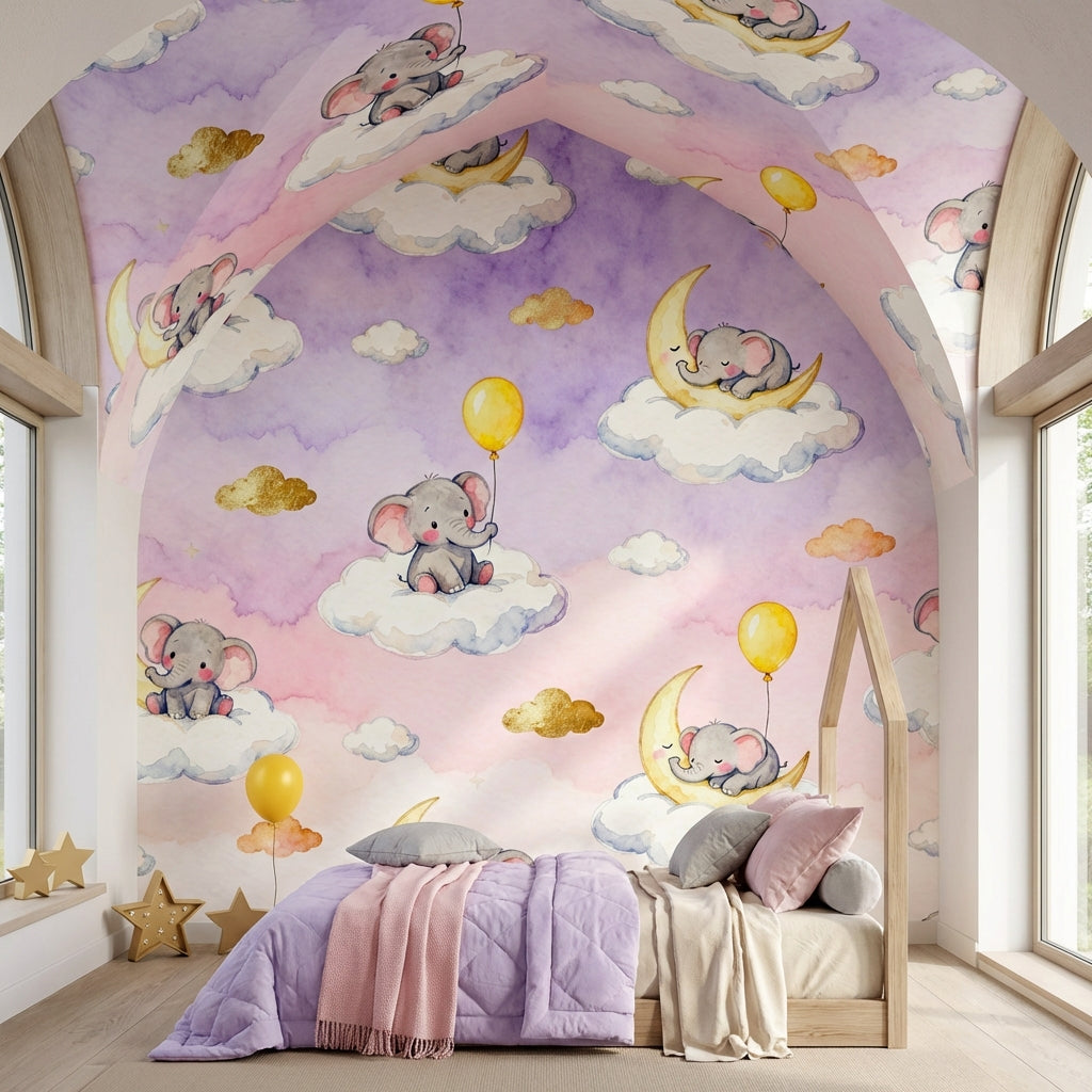 Dreamy Lavender and Blush Watercolor Elephant Nursery Mural – lifestyle view, Golden Era Walls