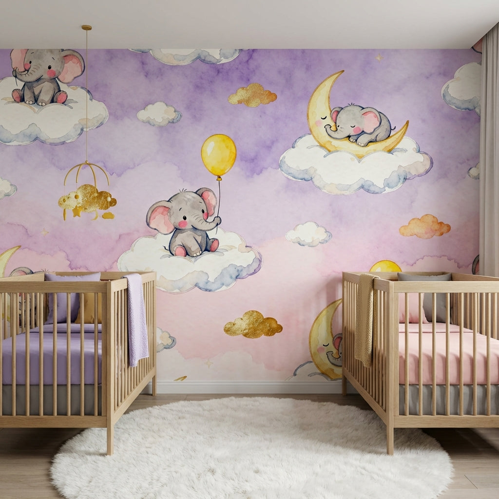 Dreamy Lavender and Blush Watercolor Elephant Nursery Mural – detail view, Golden Era Walls
